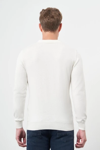 Beyaz Uzun Kol Kendinden Desenli Örme Polo Yaka Classic Comfort Fit Triko 1012245156 - 5