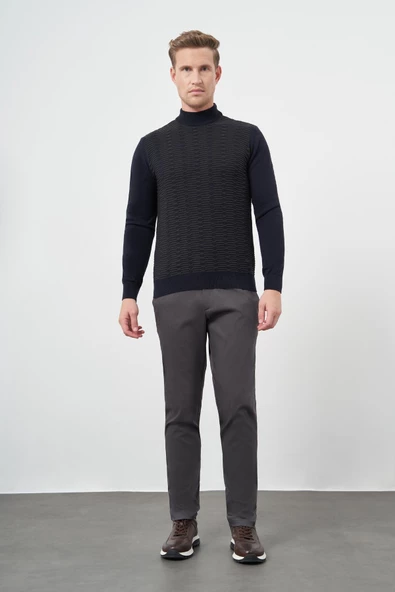 Koyu Lacivert Uzun Kol Kendinden Örme Yarım Balıkçı Yaka Classic Comfort Fit Triko 1012245157 - Resim 2