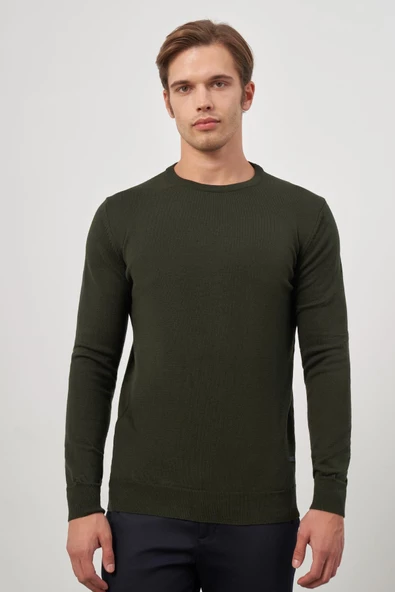 Koyu Haki Uzun Kol Düz Örme Bisiklet Yaka Classic Comfort Fit Triko 1012245006 - 5