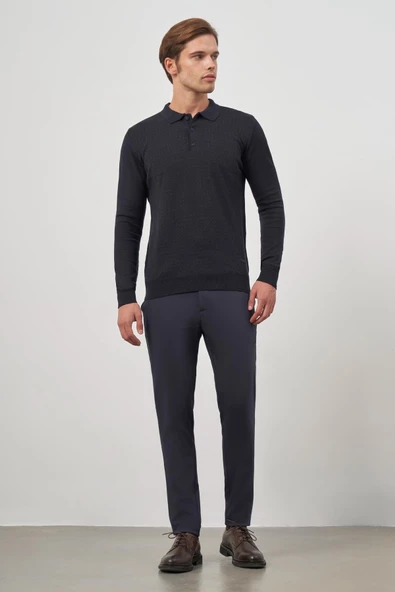 Koyu Lacivert Uzun Kol Kendinden Desenli Örme Polo Yaka Classic Comfort Fit Triko 1012245162 - 2