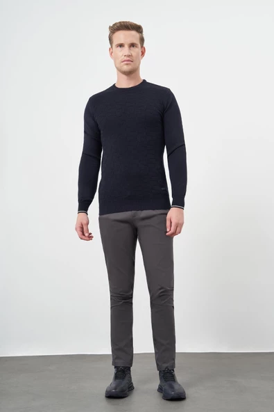 Koyu Lacivert Uzun Kol Kendinden Desenli Örme Bisiklet Yaka Classic Slim Fit Triko 1012245200 - 2
