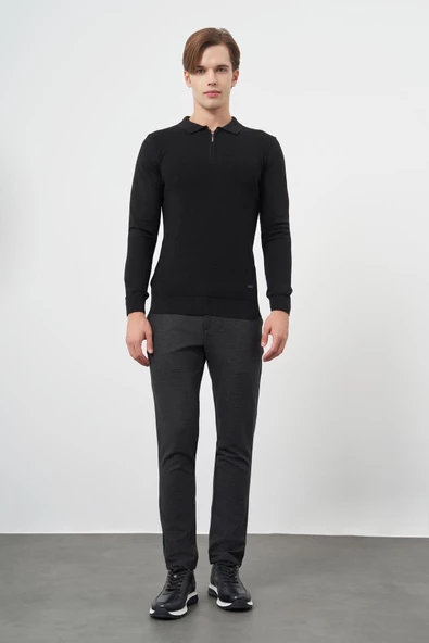 Siyah Uzun Kol Kendinden Desenli Örme Polo Yaka Classic Comfort Fit Triko 1012245156 - 2