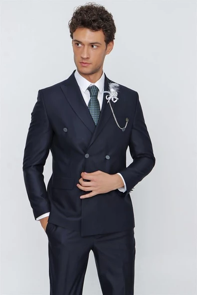 Koyu Lacivert Gabardin Kırlangıç Yaka Tam Astar Kruvaze 6 Drop Slim Fit Dar Kesim Takım Elbise 1001225175