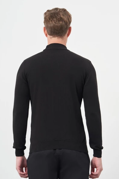 Siyah Uzun Kol Kendinden Desenli Örme Yarım Balıkçı Yaka Classic Comfort Fit Triko 1012245158 - Resim 5