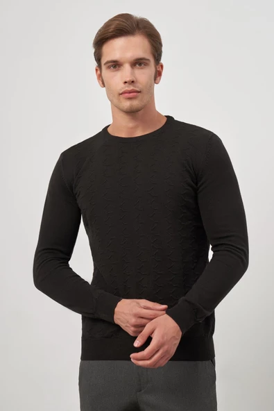 Siyah Uzun Kol Kendinden Desenli Örme Bisiklet Yaka Classic Comfort Fit Triko 1012245155 - Resim 5