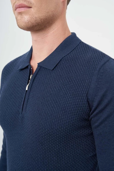 İndigo Mavi Uzun Kol Kendinden Desenli Örme Polo Yaka Classic Comfort Fit Triko 1012245156 - 4