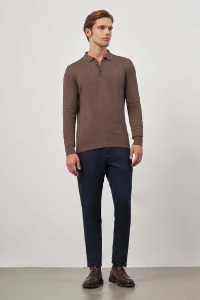 Sütlü Kahverengi Uzun Kol Düz Örme Polo Yaka Classic Comfort Fit Triko 1012245007 - 4
