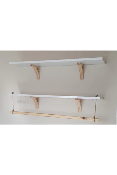 2'li Halatlı Askılı Ahşap-beyaz Dekoratif Duvar Rafı Derinlik90x 20 cm - 3