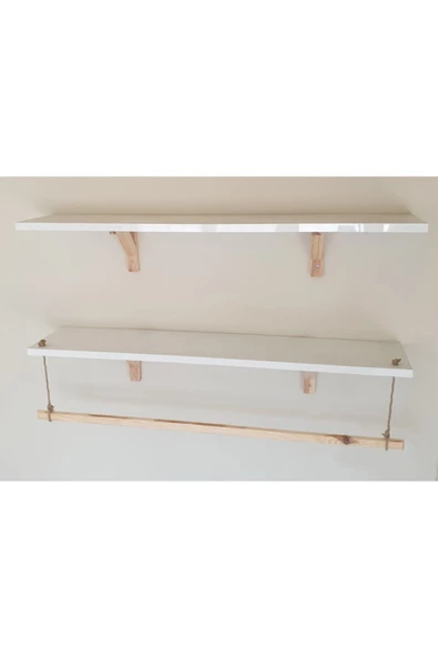 2'li Halatlı Askılı Ahşap-beyaz Dekoratif Duvar Rafı Derinlik90x 20 cm - 2