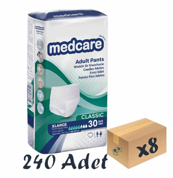 Medcare Classic Emici Külot Yetişkin Hasta Bezi 5,5 Damla XLarge XL Beden 30'lu 8 Paket 240 Adet