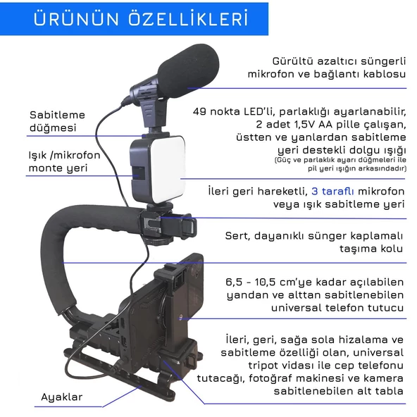 UpWay AY49U Taşınabilir Dolgu Işıklı Mikrofonlu Profesyonel Kamera Telefon Sabitleyici Video Canlı Yayın Seti - 3