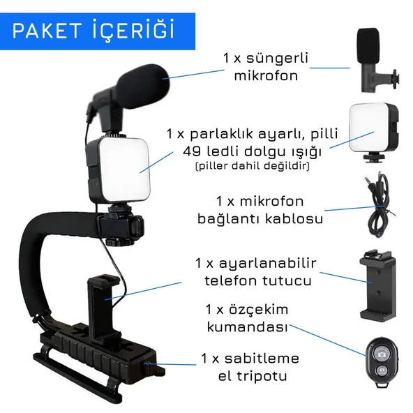 UpWay AY49U Taşınabilir Dolgu Işıklı Mikrofonlu Profesyonel Kamera Telefon Sabitleyici Video Canlı Yayın Seti - 7
