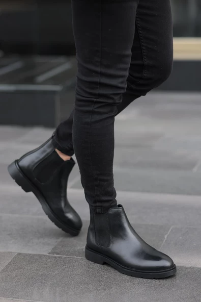 Shoetyle - Siyah Hakiki Deri Erkek Chelsea Bot - Resim 2