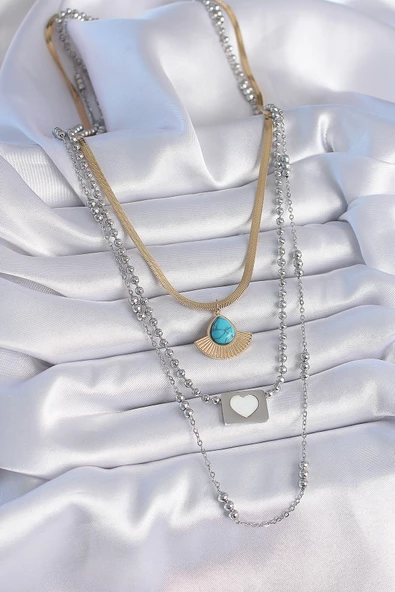 316L Çelik Mix Renk 3'lü Zincir Damla Madalyon Figür Uzun Kadın Kolye - TJ-BKO9402 - Resim 2