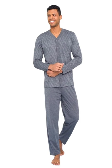 Kly Büyük Beden Önden Düğmeli Gömlek Erkek Pijama Takım - 11