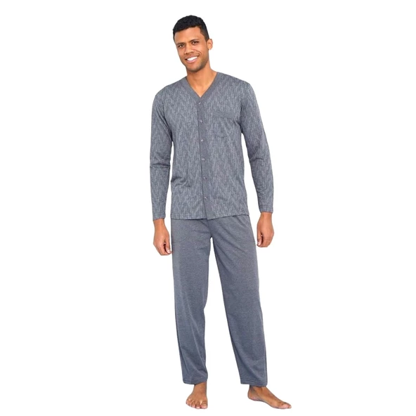 Kly Büyük Beden Önden Düğmeli Gömlek Erkek Pijama Takım - 4