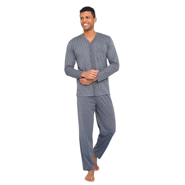 Kly Büyük Beden Önden Düğmeli Gömlek Erkek Pijama Takım - 5