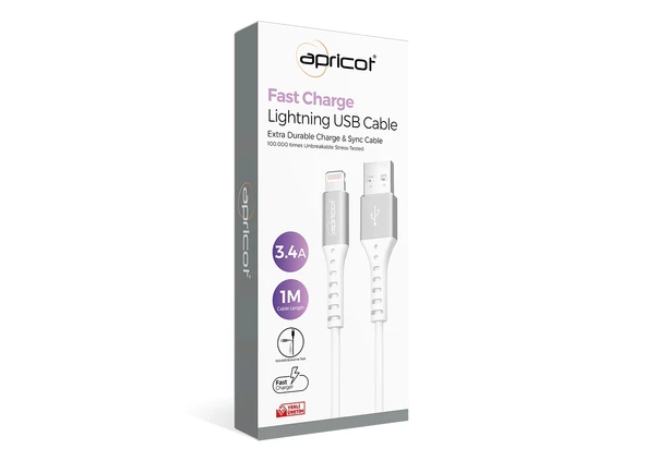 Data Ve Şarj Kablo İphone Lightning 1 Mt 3.4 Amper Apricot APC-A140L Beyaz - Resim 2