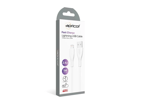 Data Ve Şarj Kablo Lightning 1 Mt 2.4 Amper Apricot APC-A120L  Beyaz