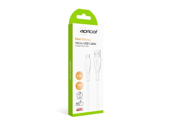 Data Ve Şarj Kablo Micro 1 Mt 2.4 Amper Apricot APC-A120M  Beyaz
