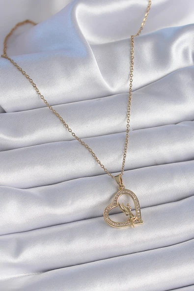 316L Çelik Zincir Gold Renk Zirkon Taşlı Kalp Model Melek Detay Kadın Kolye - TJ-BKO9356 - 2