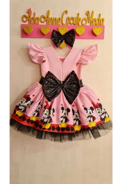 Kız Çocuk Pembe Mickey Mouse Desenli Kabarık Elbise - 2