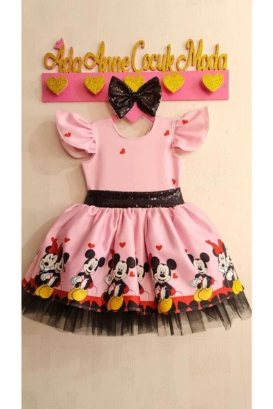 Kız Çocuk Pembe Mickey Mouse Desenli Kabarık Elbise - 3