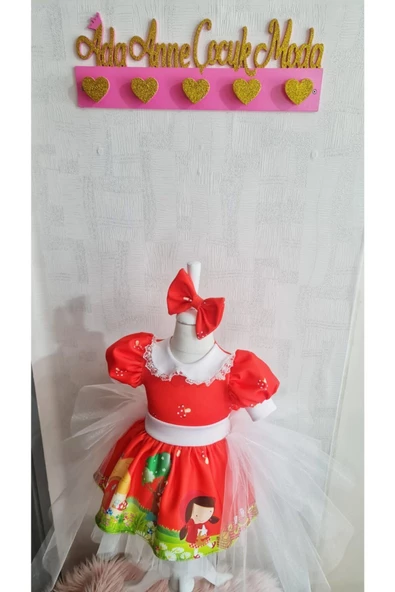 Kız Çocuk Kırmızı Başlıklı Tüllü Kuyruklu Kabarık Elbise - 4
