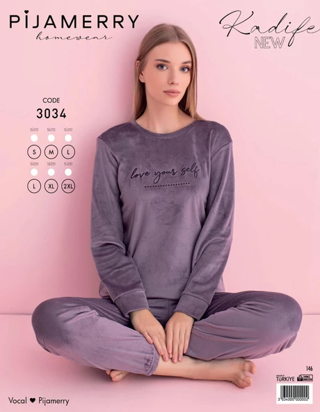 Pijamerry Kadın Kışlık Bisiklet Yaka Kadife Pijama Takımı 3034M - 1 Adet  XL Açık Mor - Resim 2