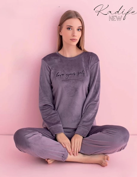 Pijamerry Kadın Kışlık Bisiklet Yaka Kadife Pijama Takımı 3034M - 1 Adet  S Açık Mor