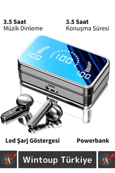 Premium iPhone 16 Pro Tam Uyumlu Led Şarj Göstergeli Powerbankli Kulak İçi Bluetooth Kulaklık - 2