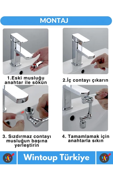 Özel Üretim Uzun Ömürlü 1080 Derece Dönebilen Çift Modlu Metal Görünümlü Akrobat Musluk Ucu Başlığı - 6