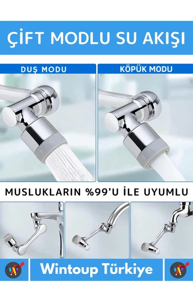 Özel Üretim Uzun Ömürlü 1080 Derece Dönebilen Çift Modlu Metal Görünümlü Akrobat Musluk Ucu Başlığı - 2