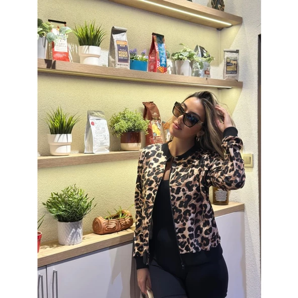 Lucky Life Kadın Uzun Kollu önden Fermuarlı Leopar Baskılı şardonlu Dalgıç Ceket - 3