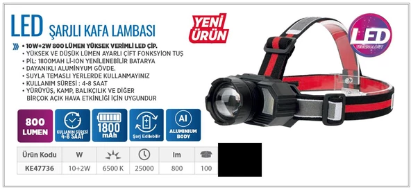 Şarjlı Kafa Lambası Type-c Şarj Beyaz Işık Kırmızı Sos Işık Su Geçirmez 1800 mAh 800 Lümen - 8