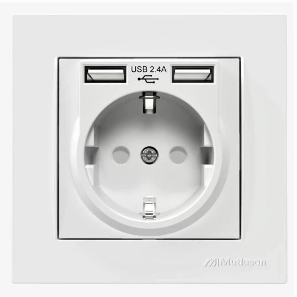 Çift Usb'li Topraklı Priz Beyaz (2.4A HIZLI ŞARJ ÇOCUK KORUMA) Usb Girişli Priz Beyaz