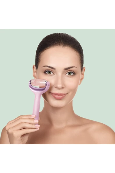 GESKE Mikro İğneli Buz Başlığı Pembe Kuvars Başlıklı Dermaroller MicroNeedler Face Body Roller - Resim 6