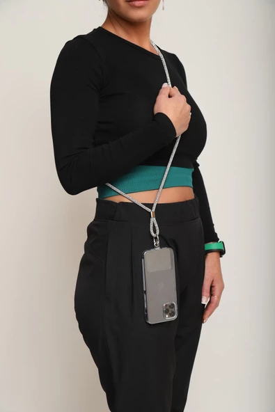 QU Kristal Taşlı Telefon Askısı 130 Cm Gümüş