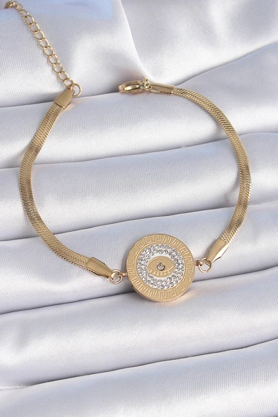 Gold Renk İtalyan Zincir Zirkon Taşlı Göz İşlemeli Madalyon Model Kadın Bileklik - EBJ241026W28799 ürün görseli