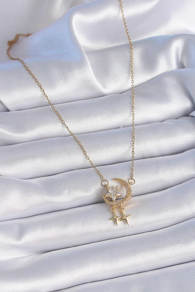 Zincir Gold Renk Zirkon Taşlı Hilal Model Yıldız Detay Kadın Kolye - EBJ241026W28745 - Resim 2