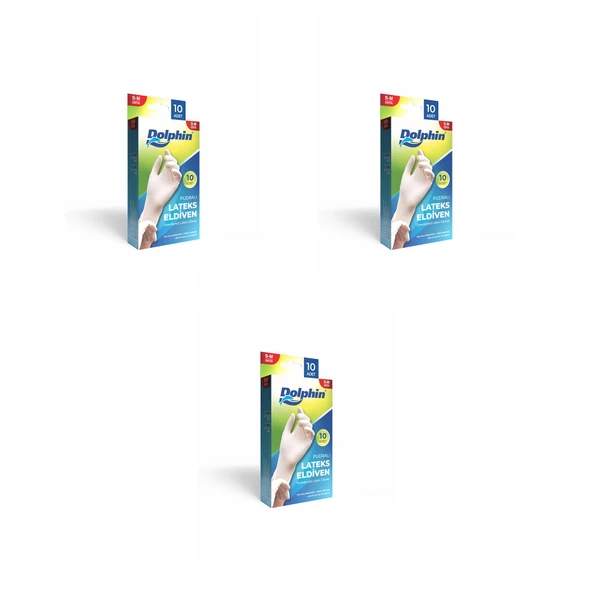 Dolphin Tek Kullanımlık Lateks Beyaz Pudralı Muayene Eldiveni - Medium - Orta Boy - 10'lu 3 Paket