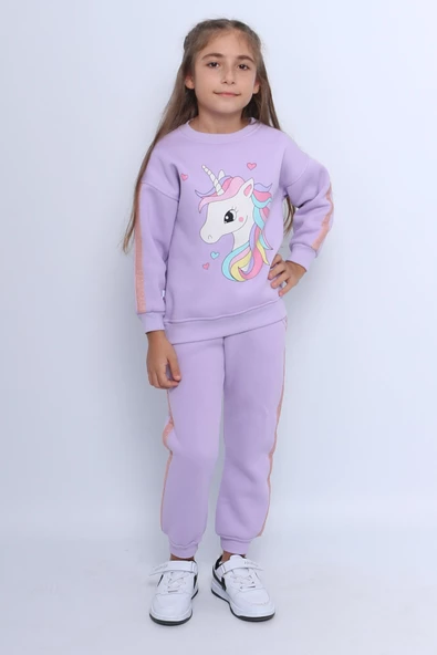 KIZ ÇOCUK 3 İPLİK EŞOFMAN TAKIMI KARAKTER BASKILI ŞERİTLİ C25 ürün görseli