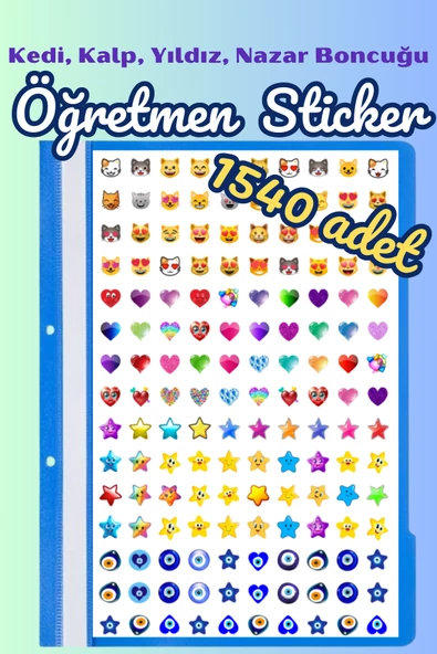 Öğretmenler Için Motivasyon Sticker Seti 1540 Adet Karışık Kedi Emoji, Kalp, Yıldız, Nazar Boncuğu