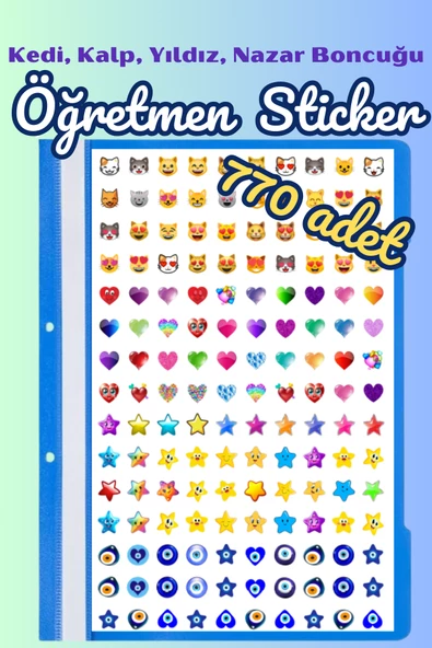 Öğretmenler Için Motivasyon Sticker Seti 770 Adet Karışık Kedi Emoji, Kalp, Yıldız, Nazar Boncuğu