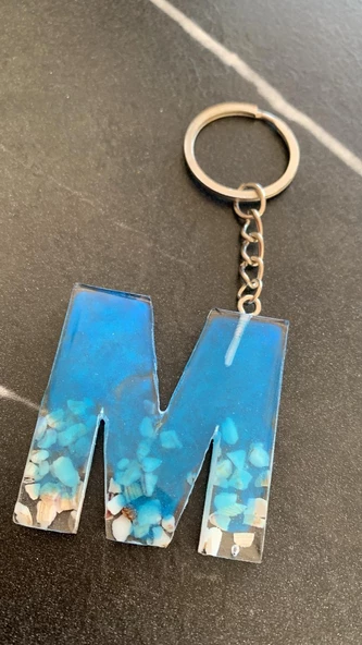 Deniz Mavisi Renk Deniz Kabuklu Gümüş Aksesuarlı M Harfi Şekil Epoksi Anahtarlık El Yapımı Hediyelik - Resim 8