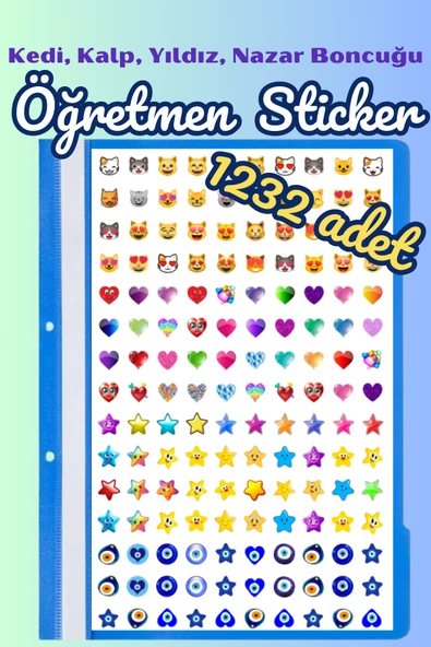 Öğretmenler Için Motivasyon Sticker Seti 1232 Adet Karışık Kedi Emoji, Kalp, Yıldız, Nazar Boncuğu