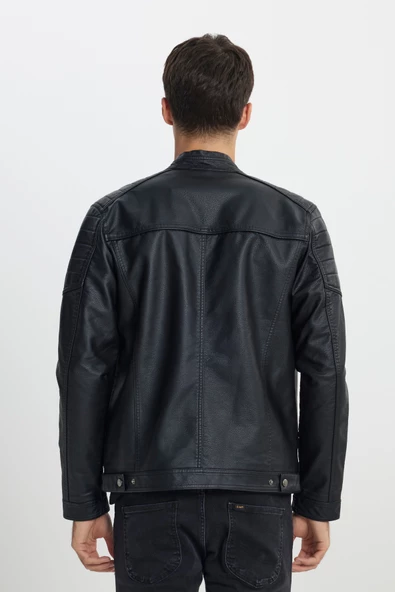 Lee L242469001 Siyah Erkek Boğazdan Düğme Detaylı Boydan Fermuarlı Çift Cepli Deri Ceket - 6