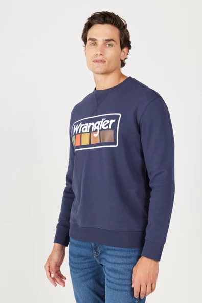 Wrangler W646H1114 Lacivert Erkek Göğüsten Yazı Detaylı Bisiklet Yaka Üç İplik Sweat - 4