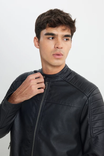 Lee L242469001 Siyah Erkek Boğazdan Düğme Detaylı Boydan Fermuarlı Çift Cepli Deri Ceket - 4