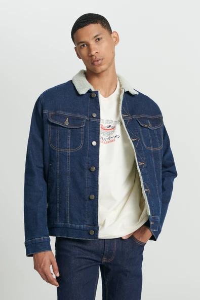 Lee L87BVM36 Koyu Mavi Erkek İçi Kürklü Çok Cepli Kot Ceket - 3